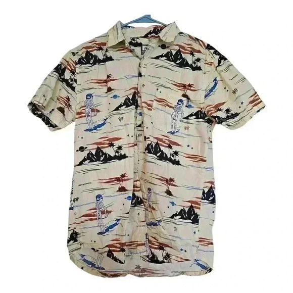 Neff Shirt Men Small Beige Surfing Skeleton All Over Graphics Wearable Art Beach - Picture 1 of 5
